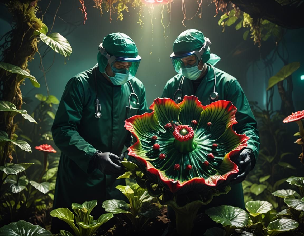 Bioluminescent Rafflesia Necropsy in Dark Sci-Fi Scene