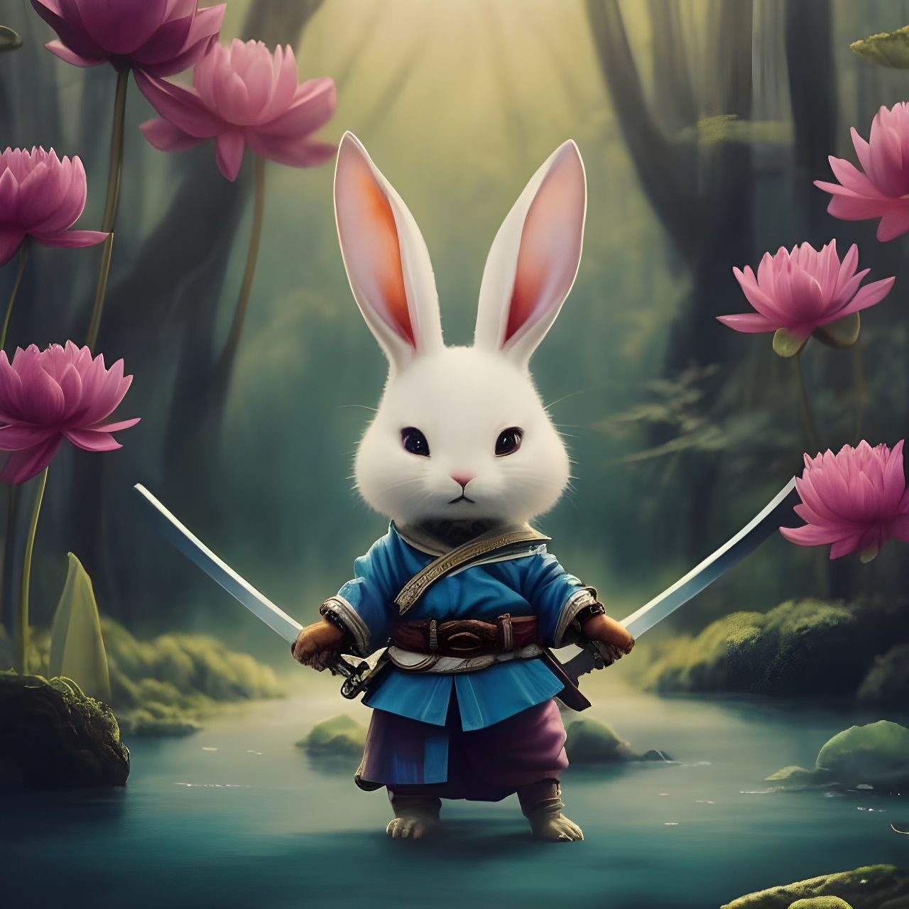 Anthropomorphic Bunny Samurai at Forest Lake