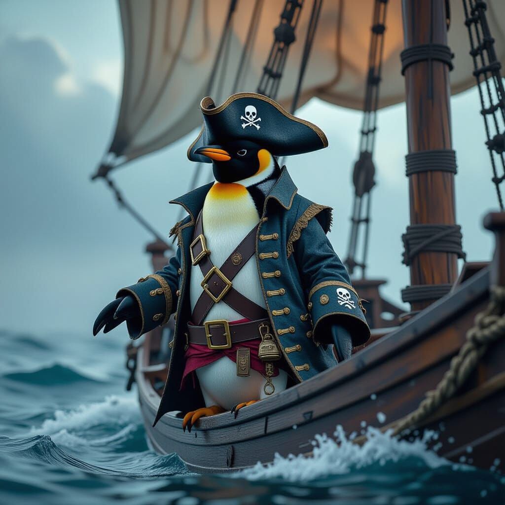 Penguin Pirate Captain at Sea in Digital Painting