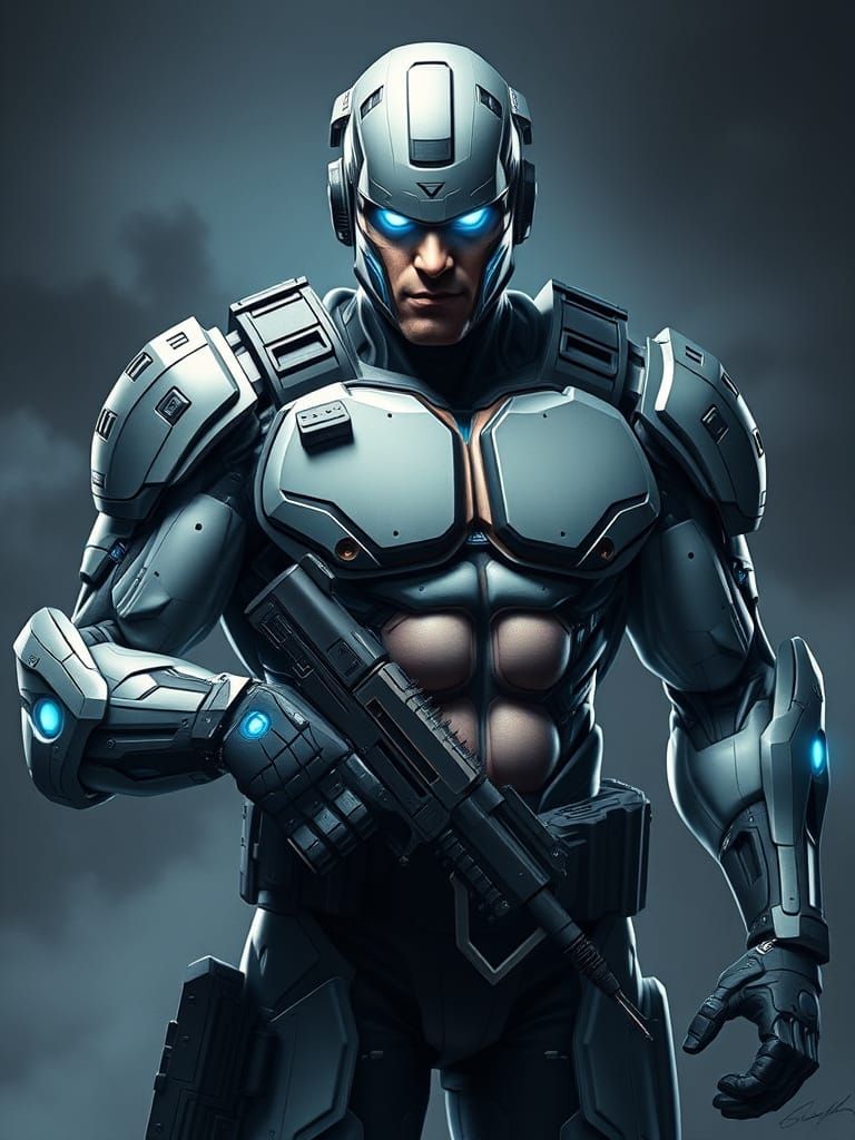 Hyper Muscular Cyborg Cop with Glowing Eyes