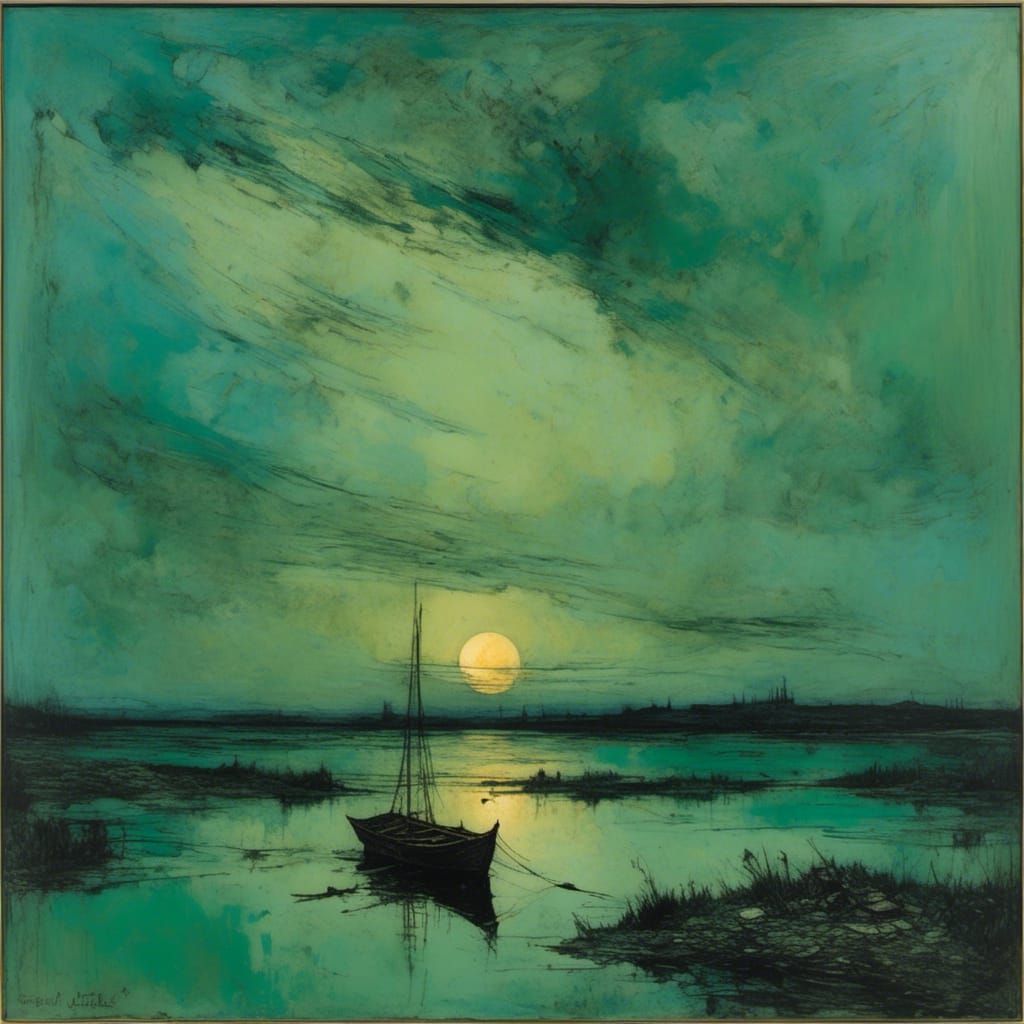 Lake Sunset with Boat in Impasto Style