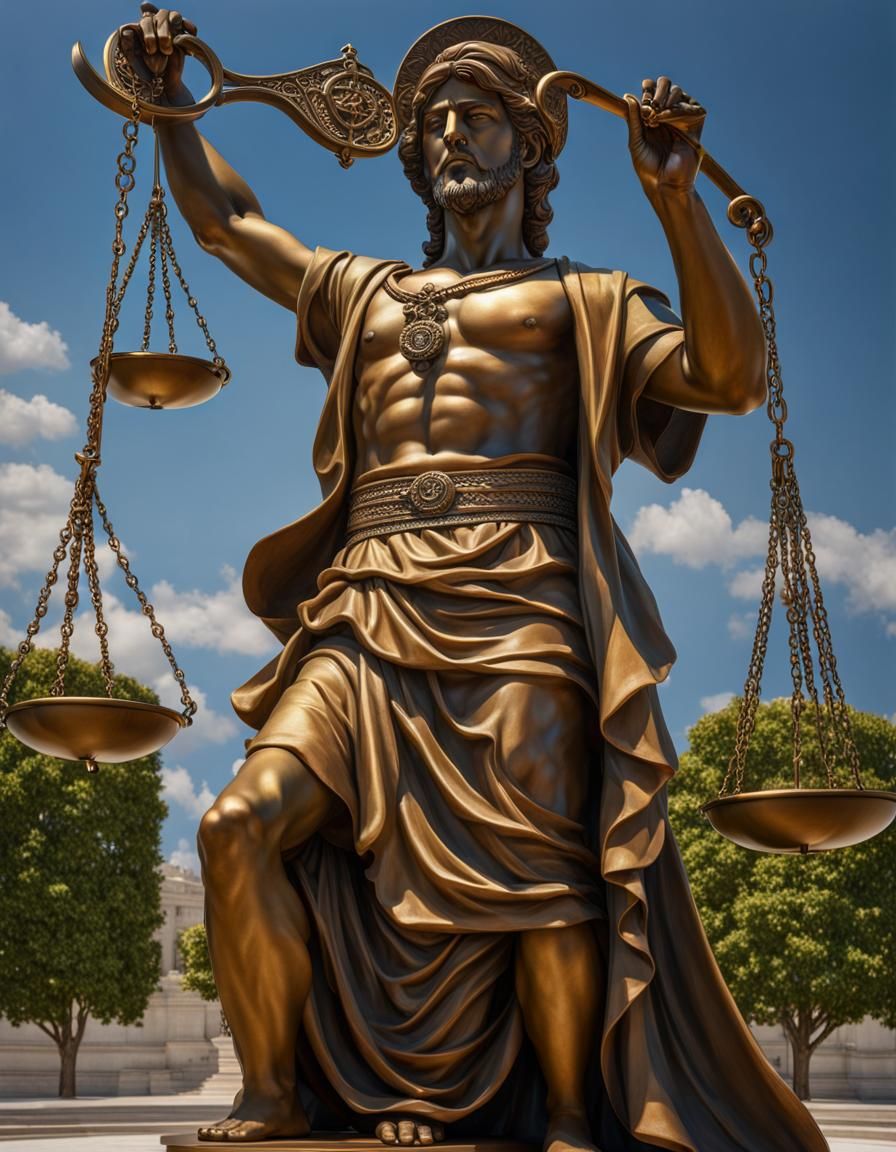 Hyperrealistic Statue of Blind Justice Balancing Scales