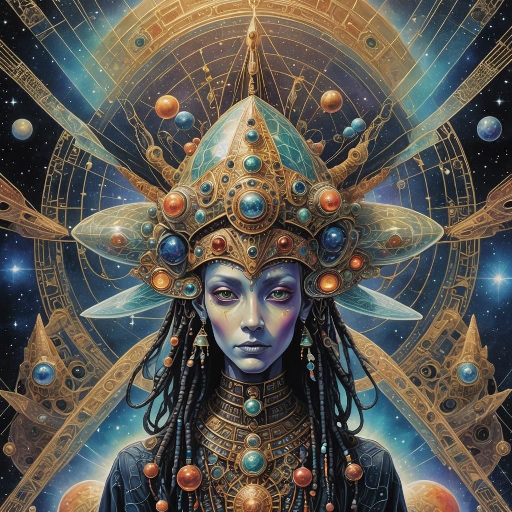 Cosmic Alien with Crystal Hats and Spaceship