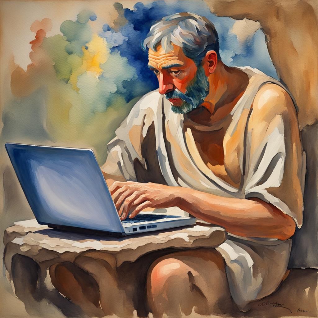 Man with Laptop in Gouache Style, 600 BC