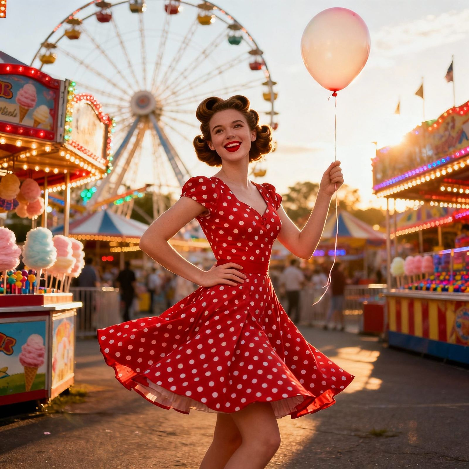 1950s Pin-Up Girl in Vibrant Amusement Park