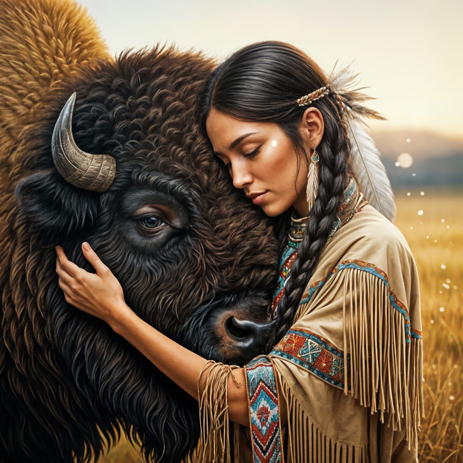 Serenity of the Wild: Native American Woman and Bison in Eth...
