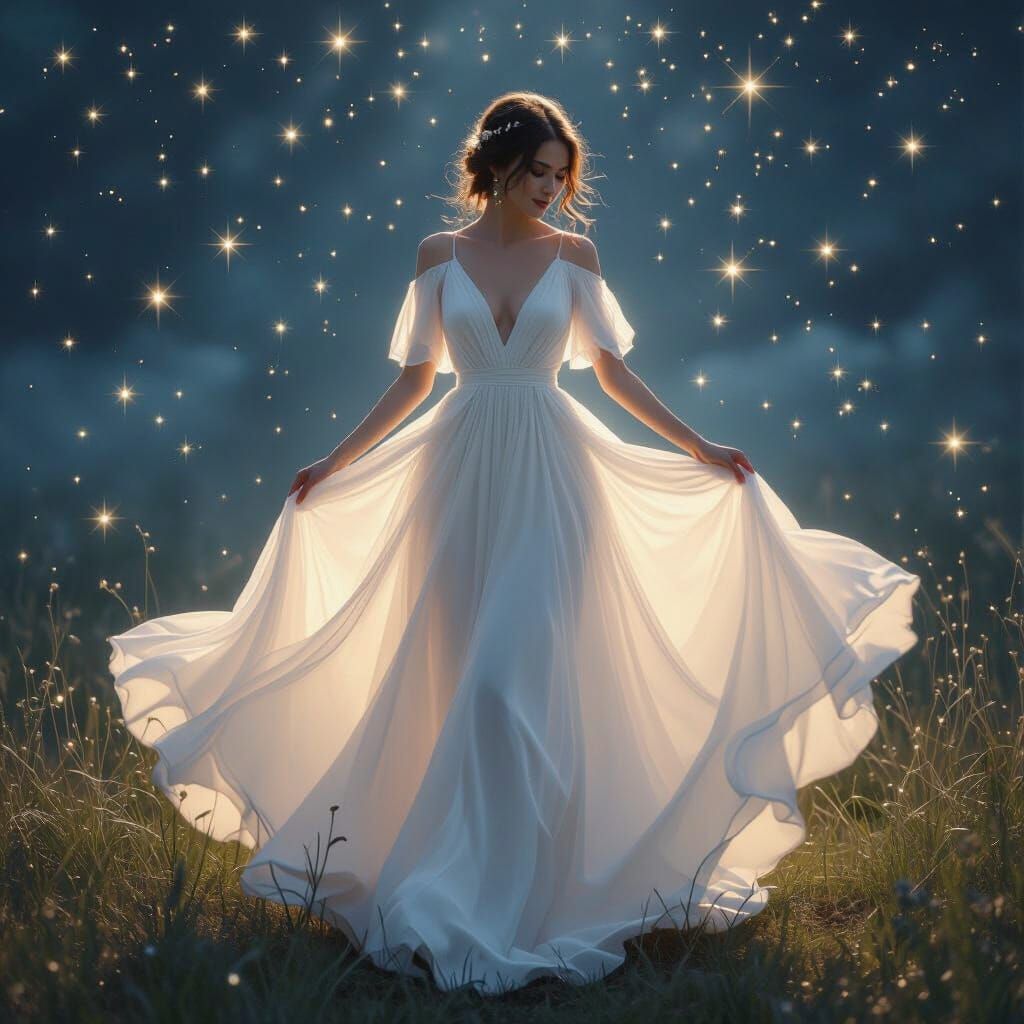 Ethereal Woman in Starlight Gown