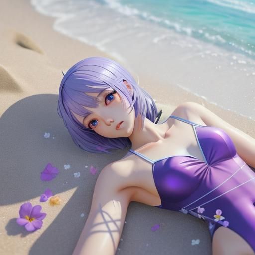 Anime Style Person on Beach with Flowers