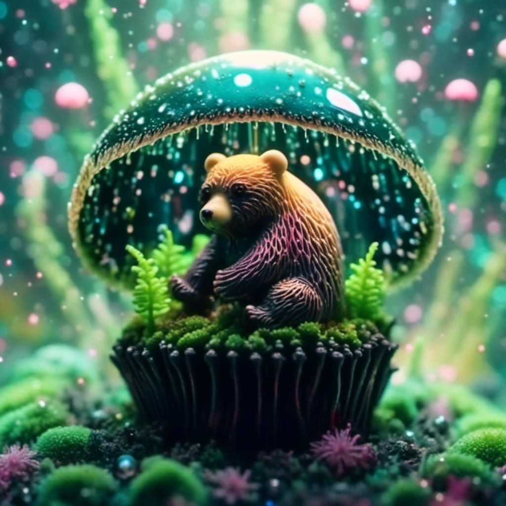Liquid Ferrofluid Mushroom Bear in Cosmic Moss