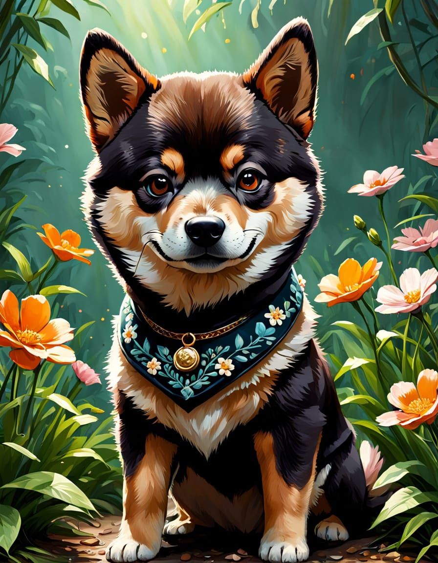 Surreal Shiba Inu in Vibrant Floral Wonderland