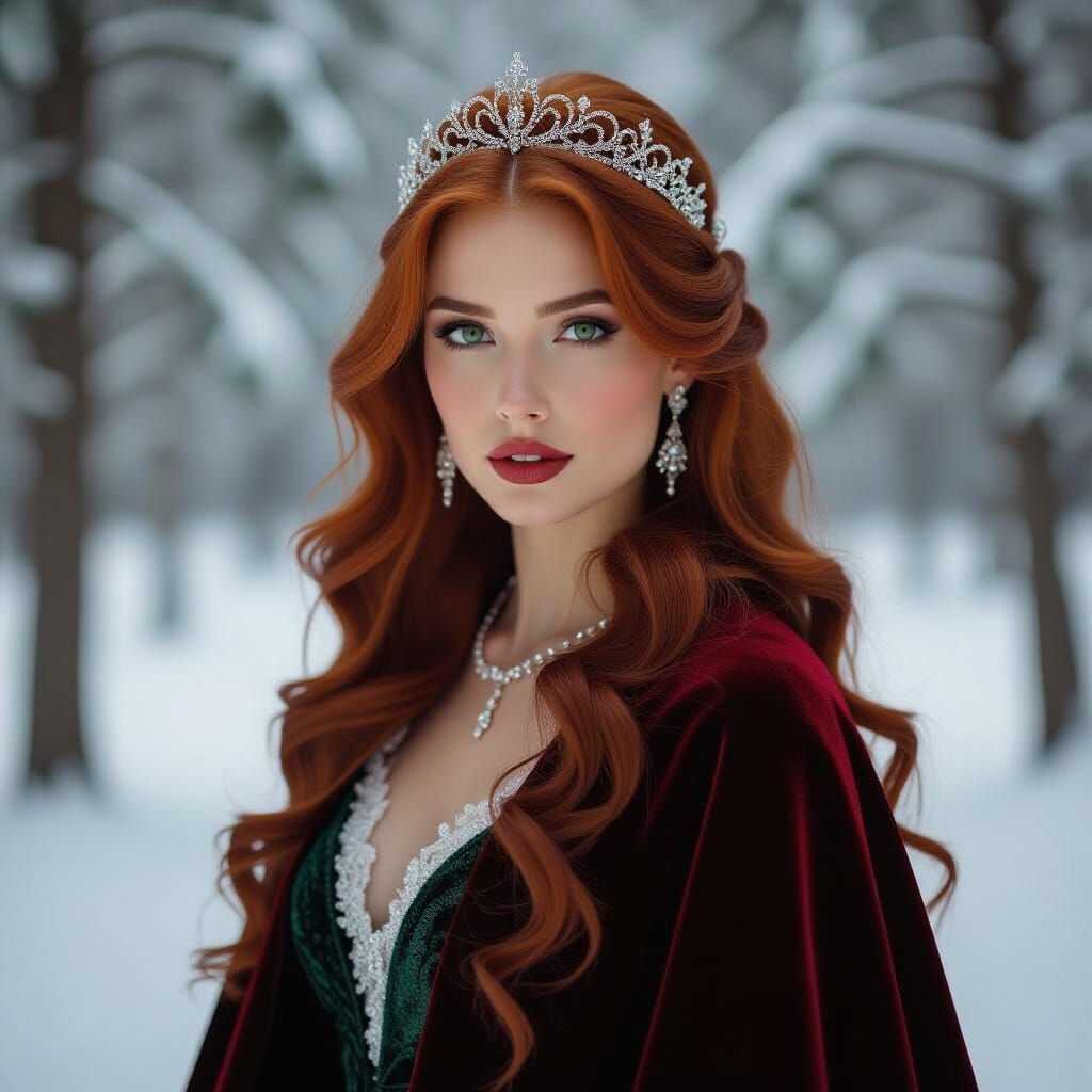 Auburn Haired Woman in Snowy Forest, Art Nouveau Style