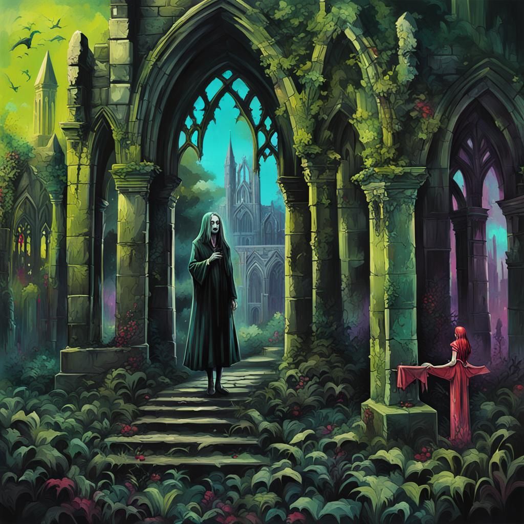 Vampire Girl in Gothic Graveyard, Graffiti Art