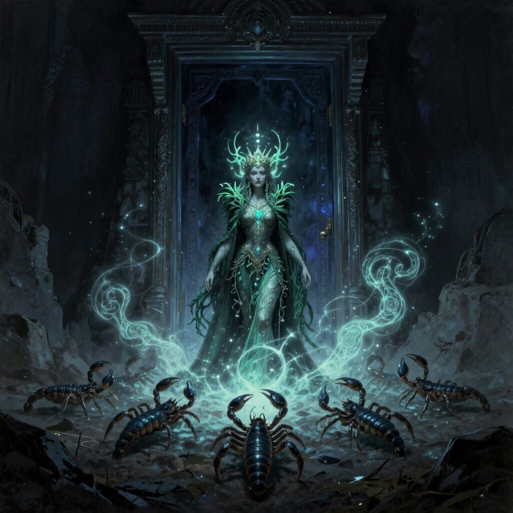 Dark Fantasy Queen Before Obsidian Door