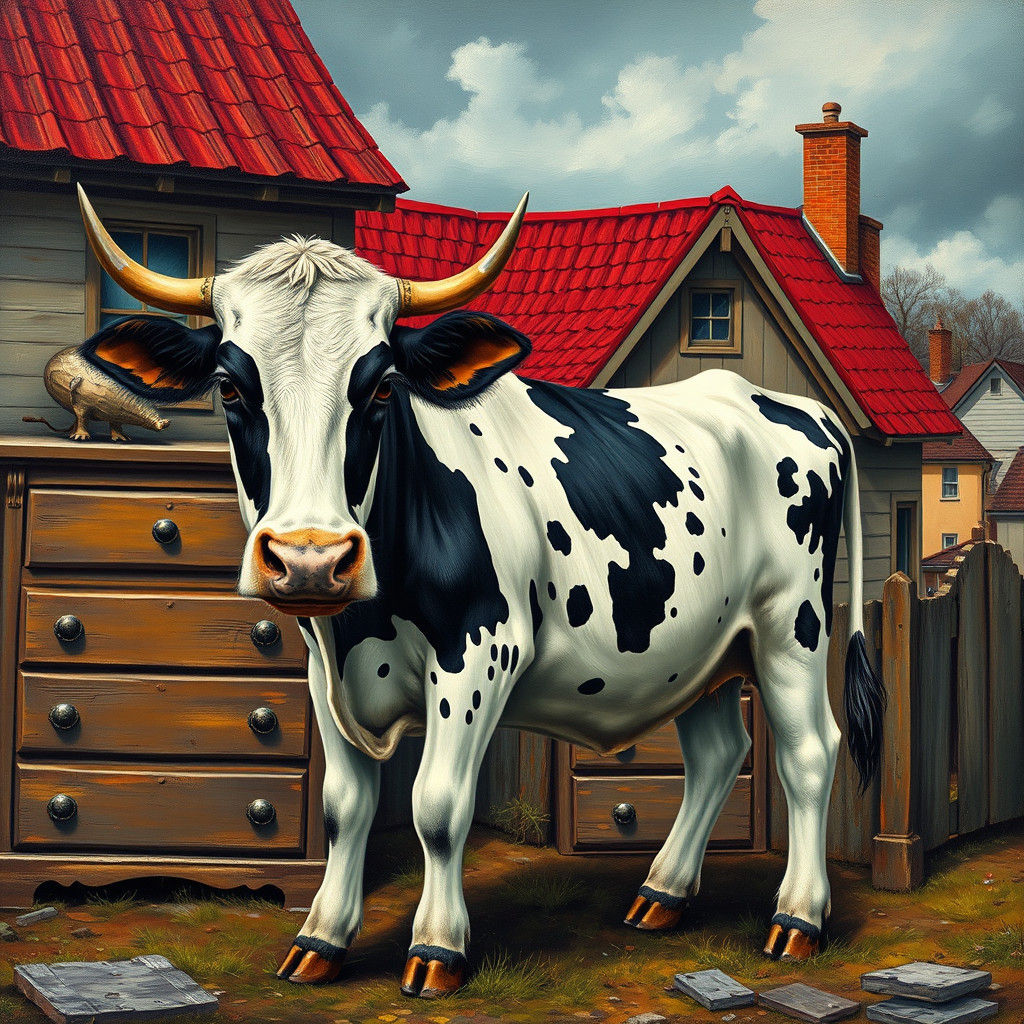 Vintage Surrealist Cow Painting in Pop Style