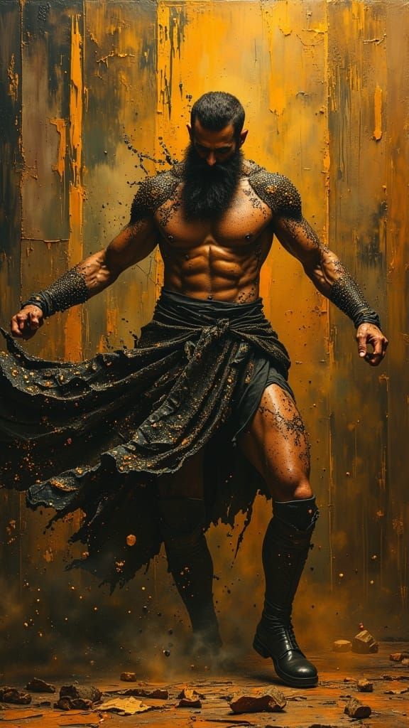 Greek God Battles Demons in Dark Oil Paint