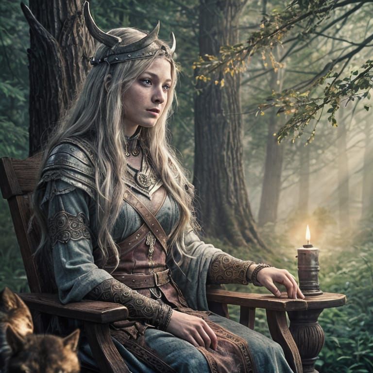 Majestic Viking Queen Surrounded by Wolves in Throne