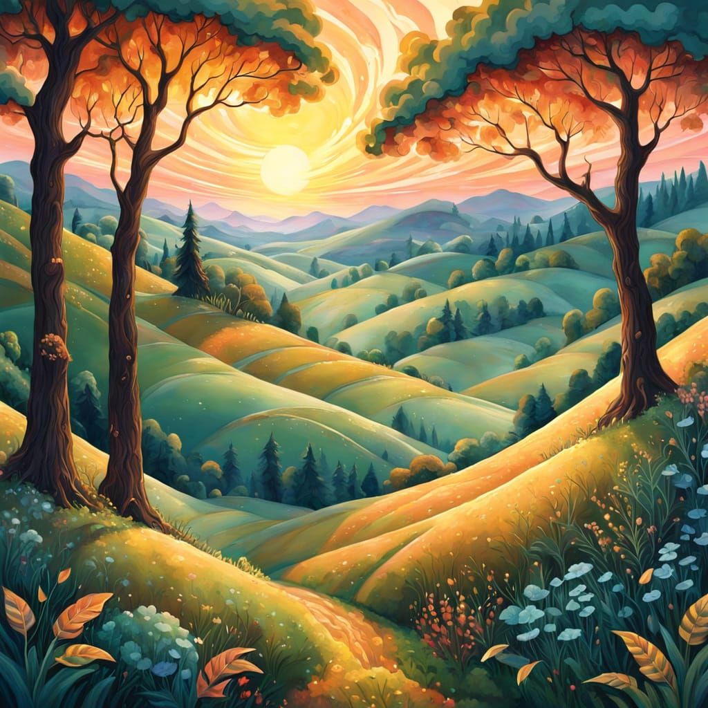 Whimsical Sunset Landscape in Vibrant Gouache Style