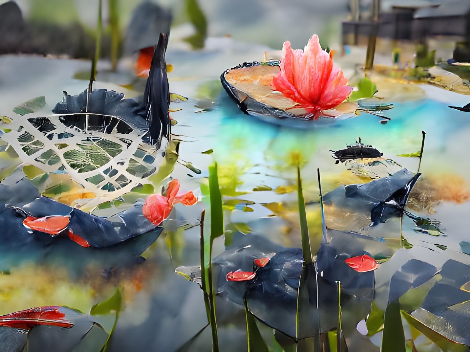 Lotus Pond with Koi Fish in Watercolor Style