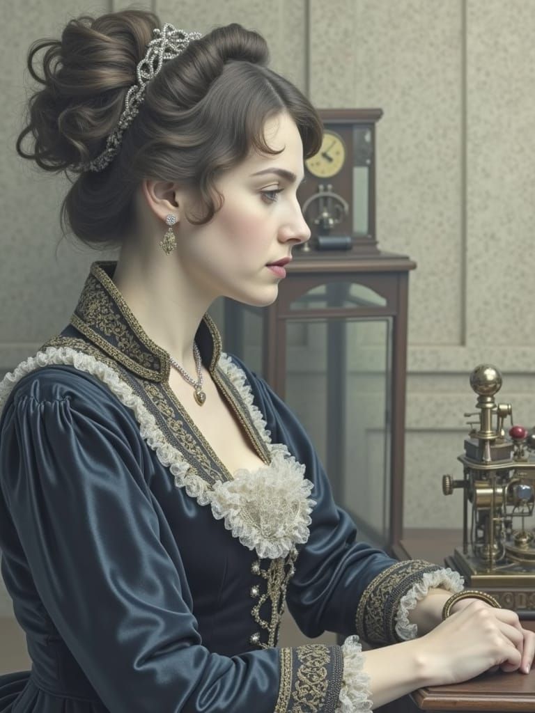 Victorian Woman at Desk with Mechanical Computer