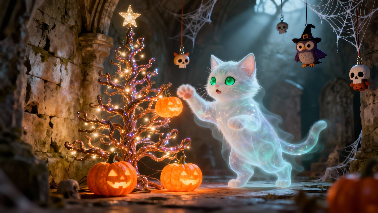 Ghostly Kitten's Christmas Crypt in Halloween Style