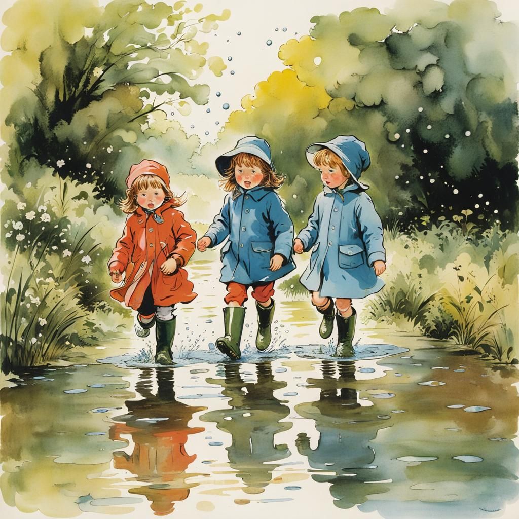 Children Playing in Puddles: Whimsical Illustration