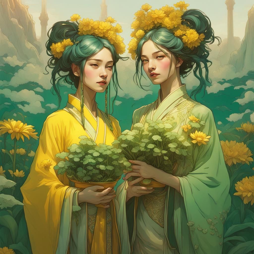 Chinese Goddesses in Floral Field, Art Nouveau Style