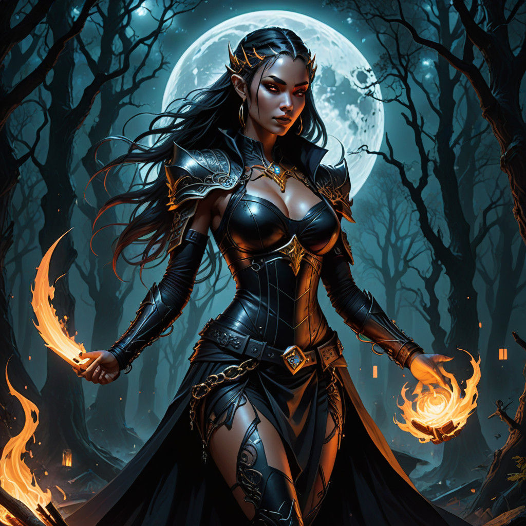 Cyberpunk Drow Elf Sorceress Dances Under Full Moon