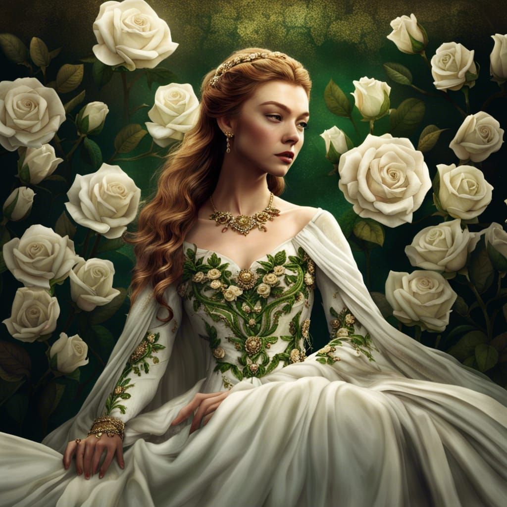Margaery Tyrell in a long, filmy white flowing gown, accented with green and embroidered with white roses. The bodice em...