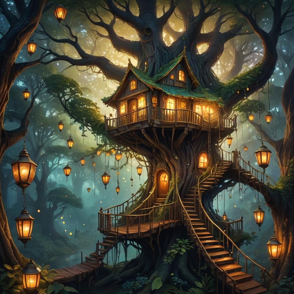 Magical Treehouse in Fantasy Realm: Oil Painting