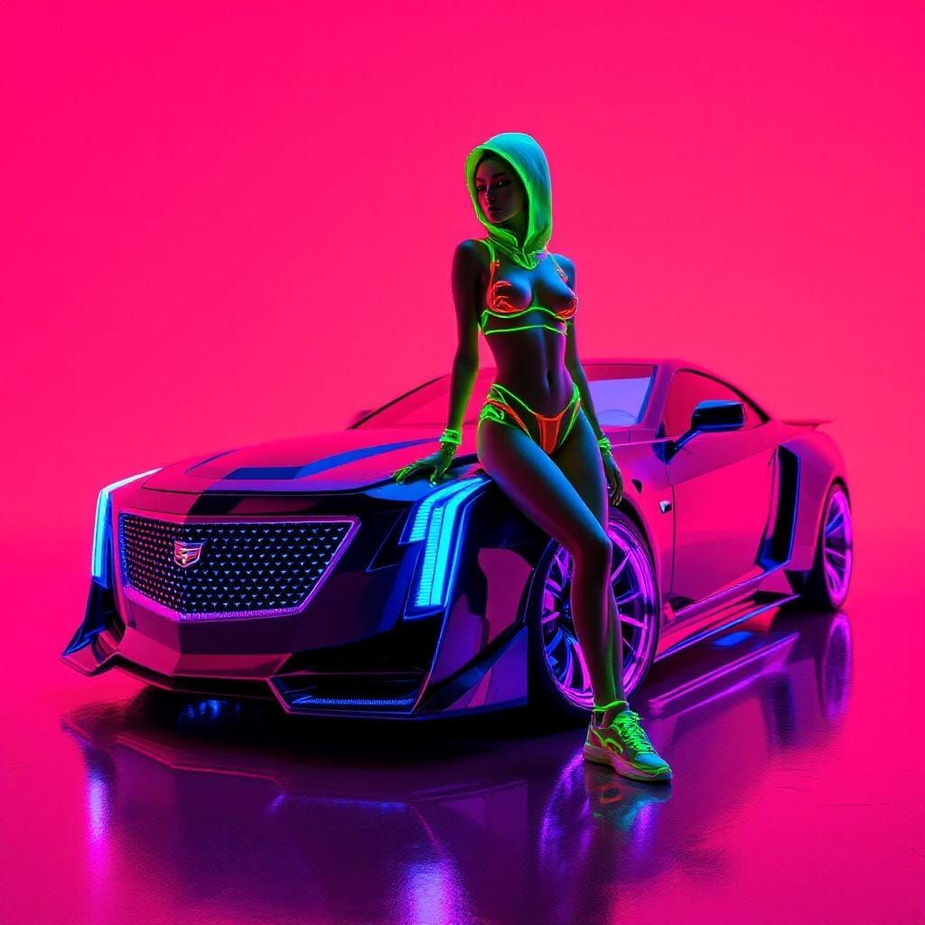 Futuristic Asian Woman in Cyber-Tech Bikini with Cadillac