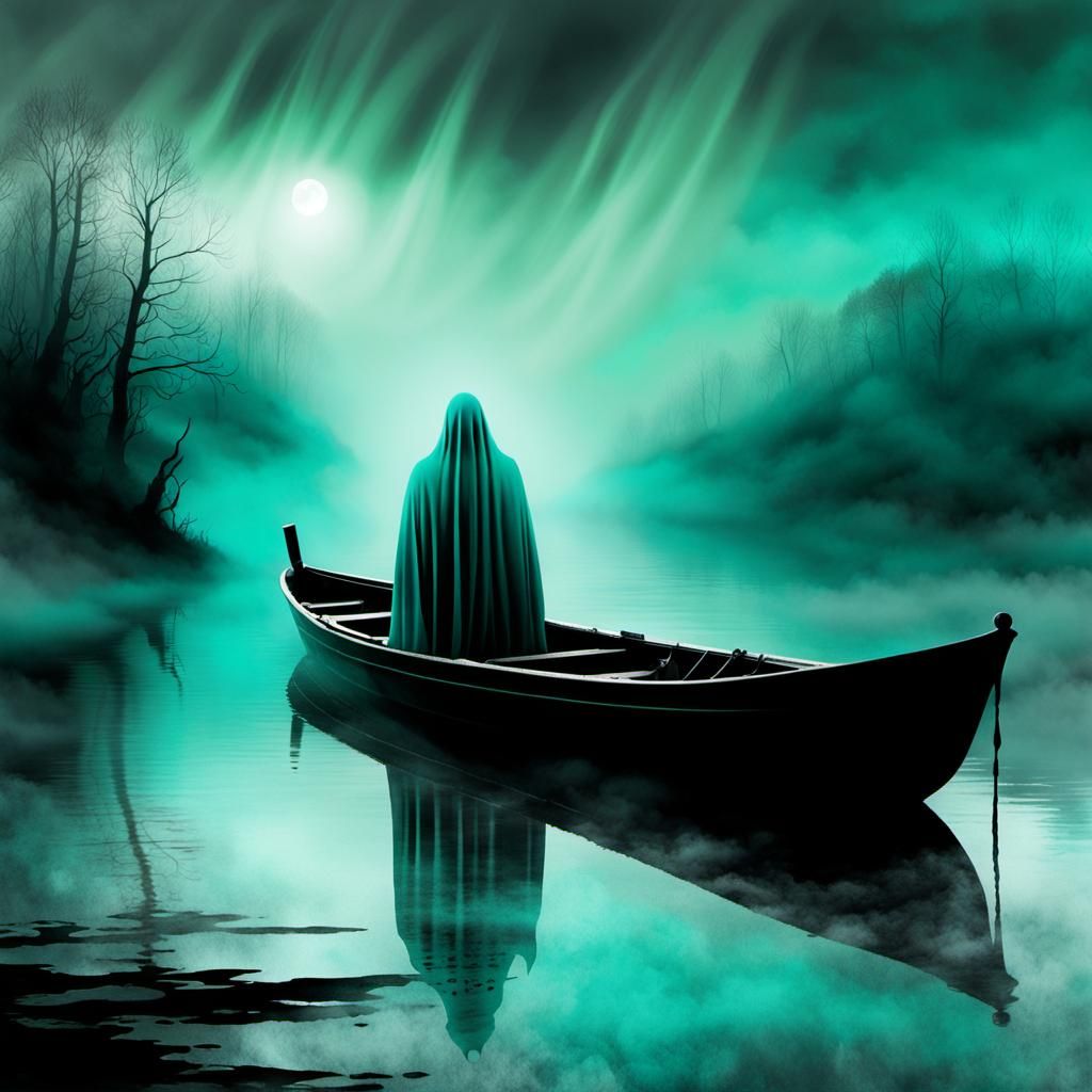 Ghostly Figure on the River Styx: Inkpunk Illustration
