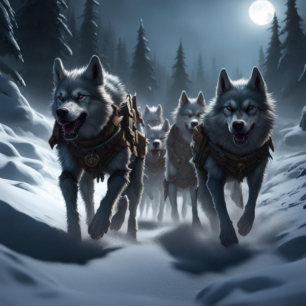 Werewolf Sled Dogs in Snowy Wilderness
