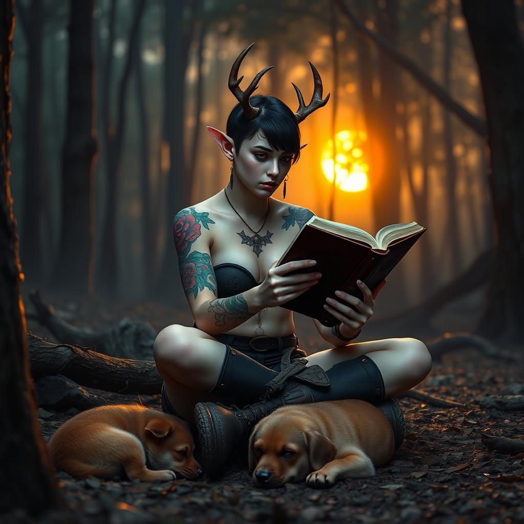 Elf Reading in Forest Clearing, Digital Art