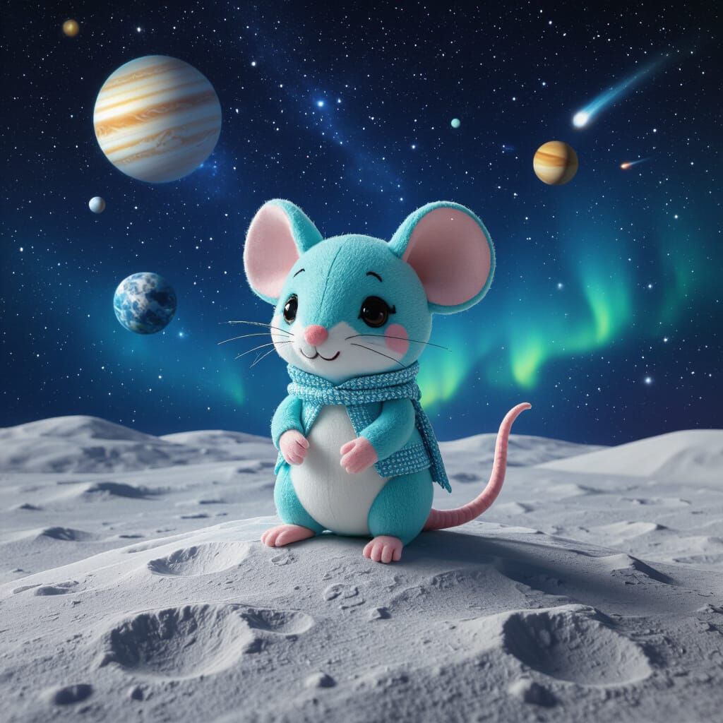 Hyperrealistic Chibi Mouse on Moon with Starry Sky