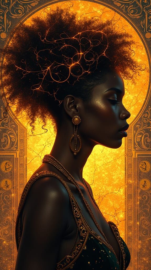 Ember Lit Woman with Metallic Filigree Hair