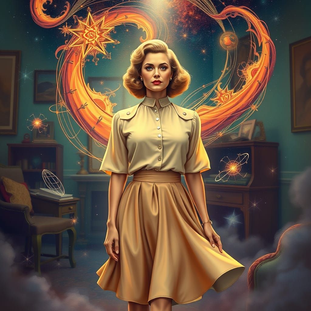 Nostalgic Mother Goddess in Vibrant Cosmic Surroundings