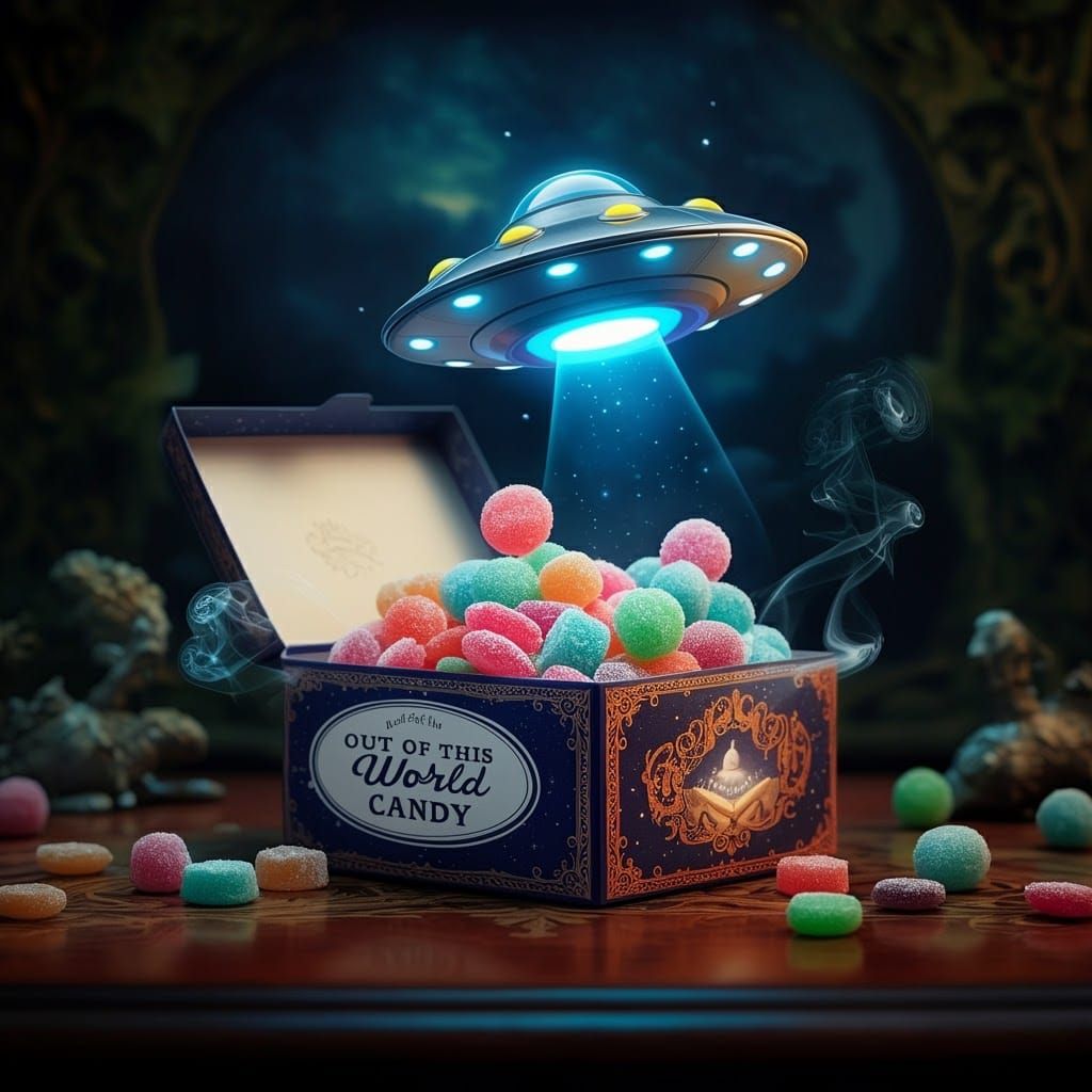 Flying Saucer Candy Ascending, Surrealist Visionary Art