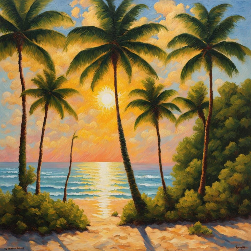 Tropical Beach Scene with Dappled Sunlight in Neo-Impression...