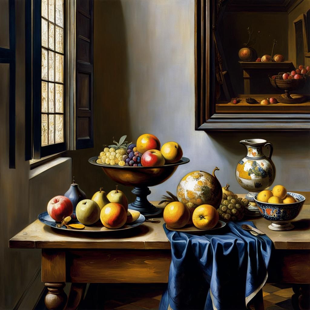 Art by Johannes Vermeer, a detailed still life set on a wooden table inside a 17th-century Dutch home, featuring an arra...