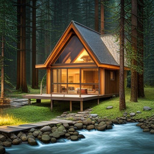 A-Frame Cabin in Woods With River, Precisionism Style
