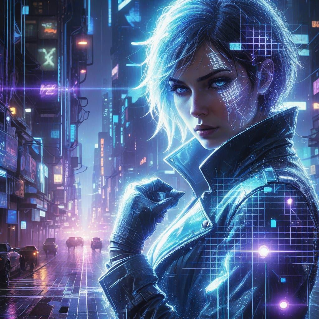 Cyberpunk Detective in Neon Grid Cityscape