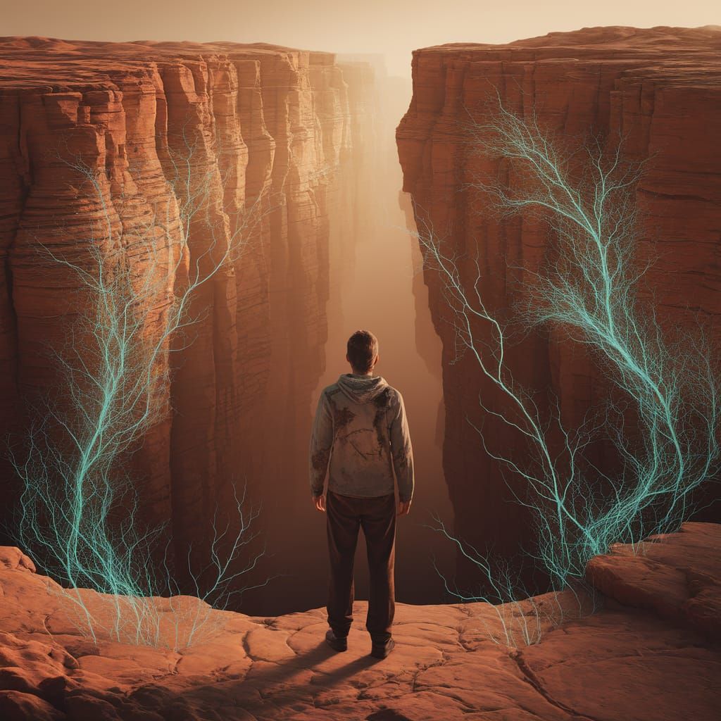 Solitary Figure Gazing into Bioluminescent Canyon