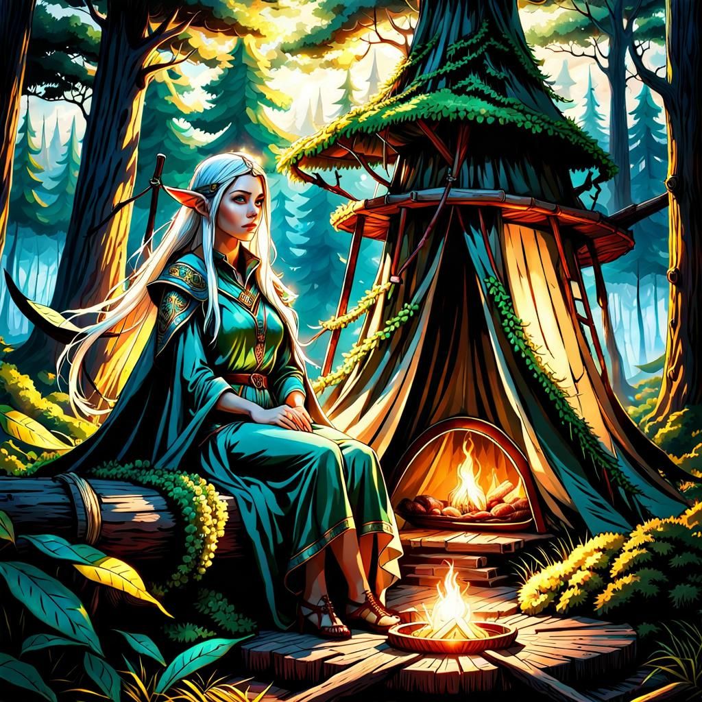 Elven woman camping at selfmade treeplatform enjoying the tranquility of the wilderness