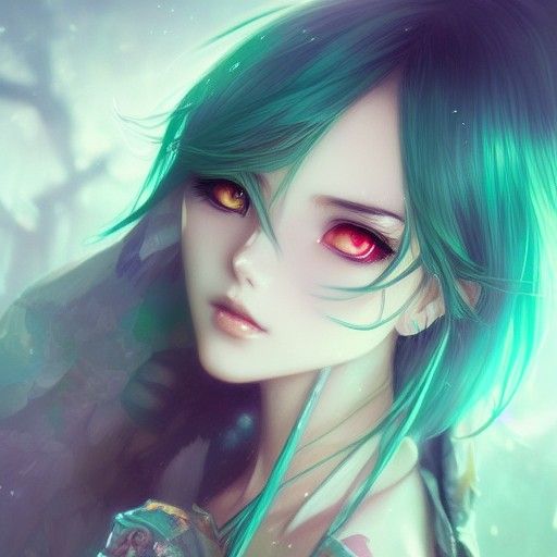 Cute Anime Goddess with Green Hair in Digital Art