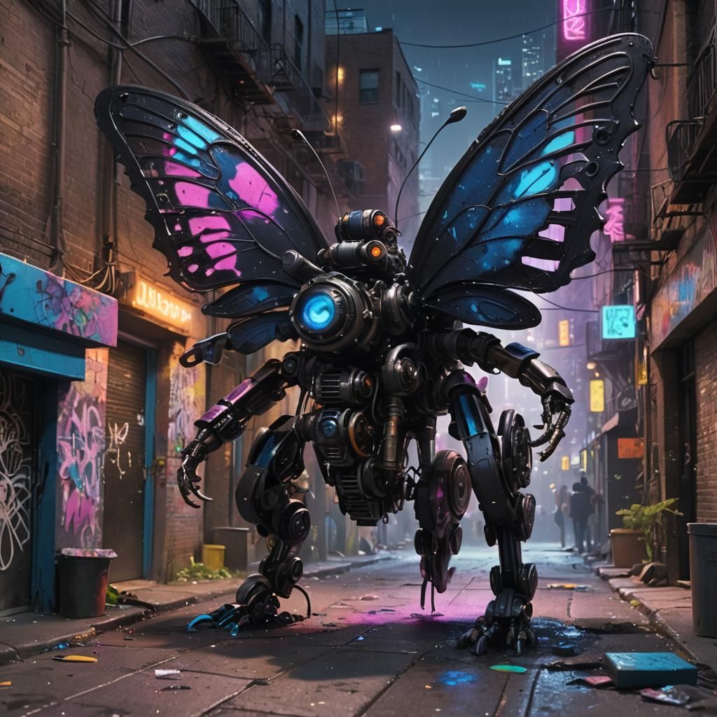Mechanical Butterfly Graffiti Artist in Cyberpunk Style