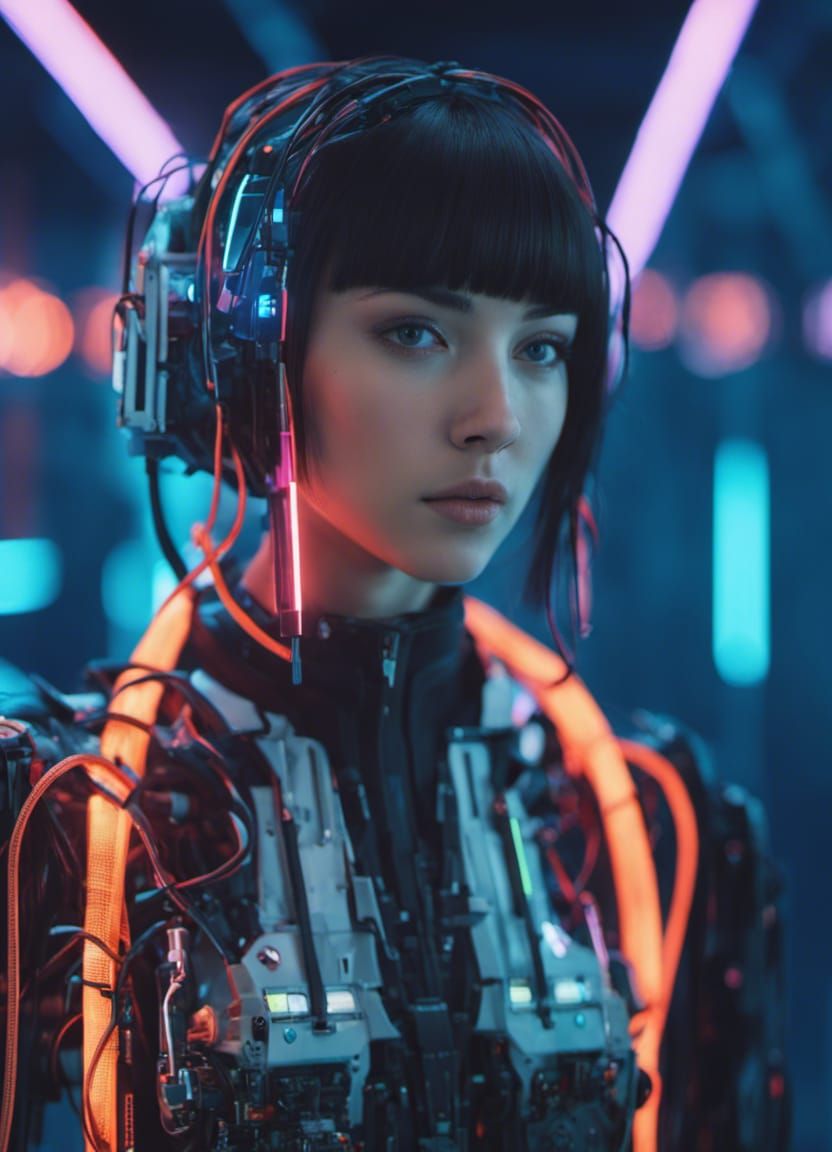 Photorealistic Cyborg Girl in Laboratory Interior