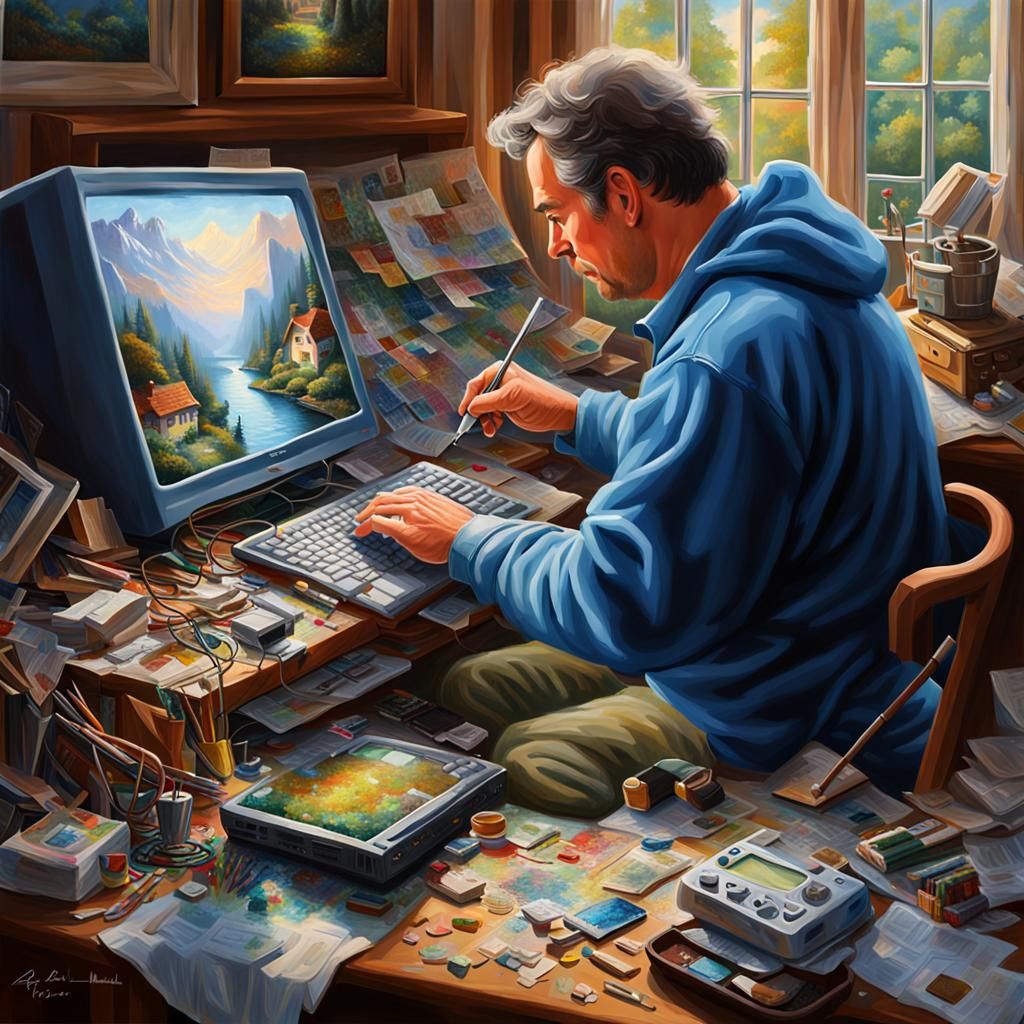 Archangel Michael Repairs Computer: Hyperrealistic Action Pa...