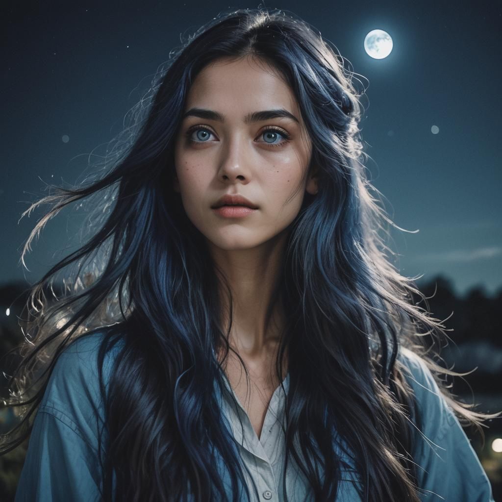 Blue-Haired Girl Gazing at the Moon