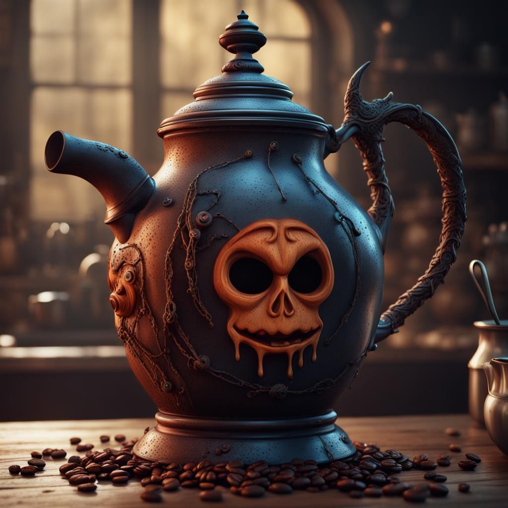 Witch's Face Coffee Pot: Detailed Fantasy Art