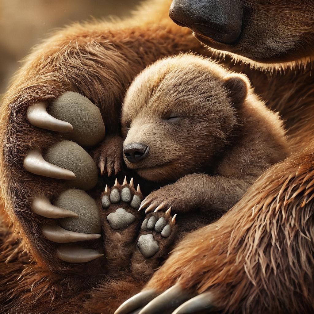 Small Newborn Kodiak Bear Cub in Mother's Paws, Captured in...